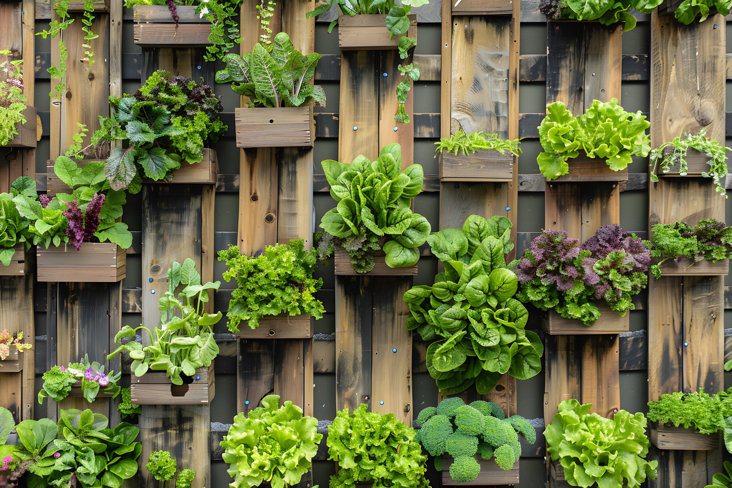 Vertical garden with lush green and purple leafy vegetables in wooden planters, arranged against a rustic wall, conveying a sense of freshness and creativity.